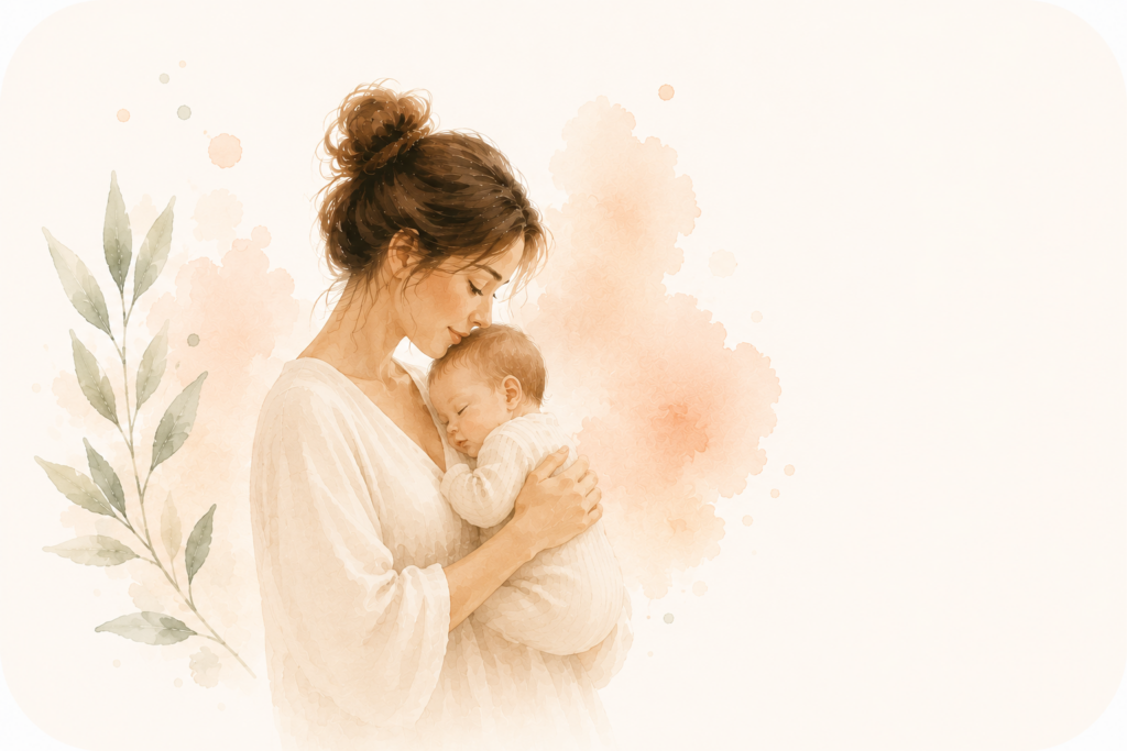 Illustration aquarelle minimaliste d'une mère tenant son bébé représentant l'univers bébé