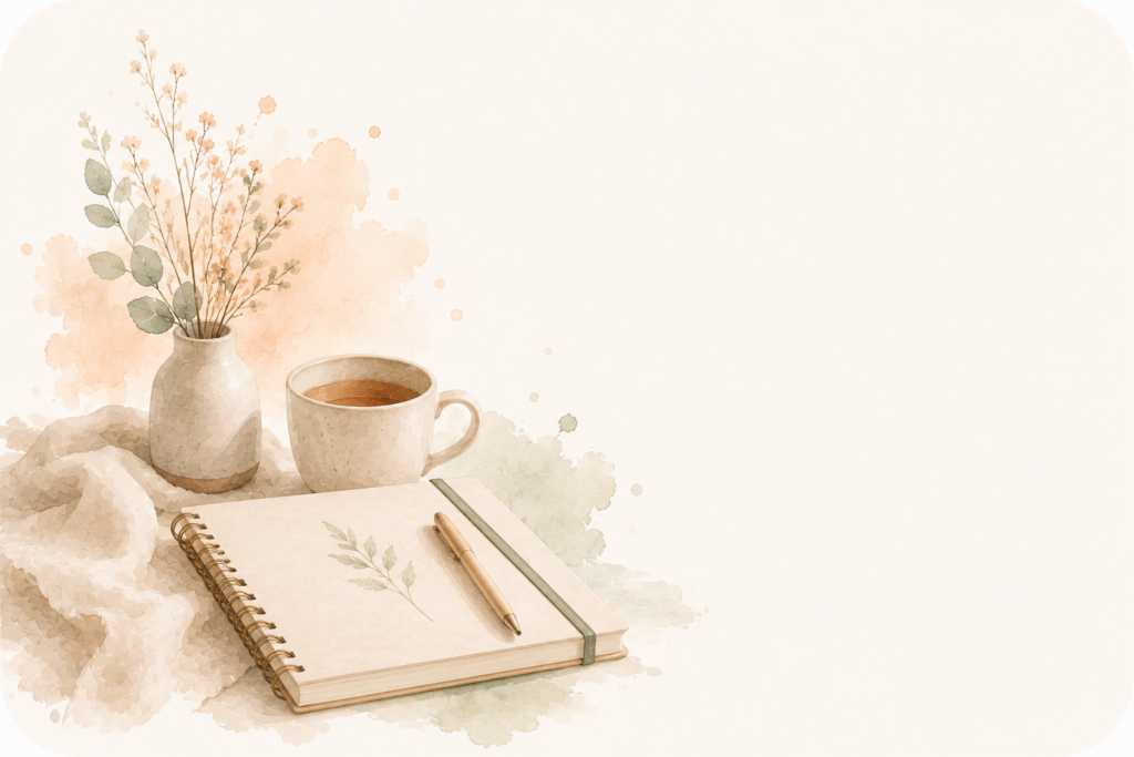 Illustration aquarelle minimaliste d’un carnet, d’un stylo et d’une tasse représentant l’univers journal