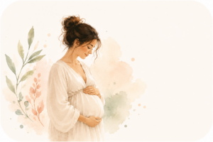 Illustration aquarelle minimaliste d'une femme enceinte représentant l'univers maternité