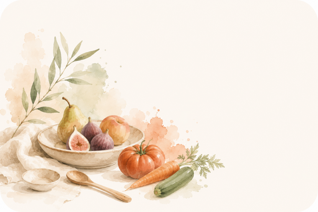 Illustration aquarelle minimaliste de fruits, légumes et vaisselle représentant l'univers nutrition