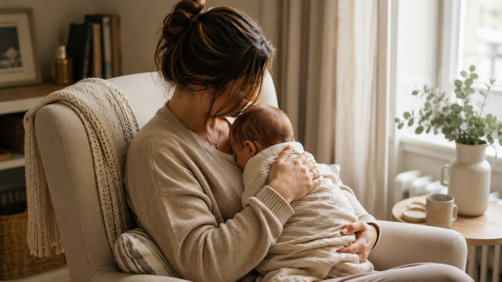 Jeune maman tenant son bébé contre elle dans un fauteuil près d'une fenêtre, illustrant le lien mère-enfant et la poursuite de l'allaitement malgré les difficultés liées à l'APLV.