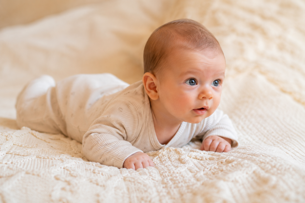 Bébé de 6 semaines allongé sur le ventre sur une couverture crème texturée, levant doucement la tête dans une lumière naturelle apaisante.