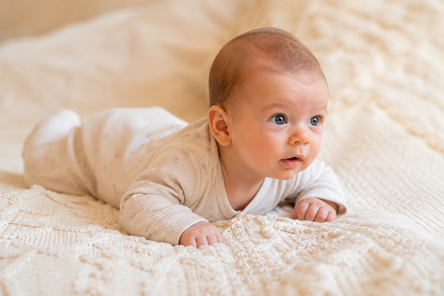 Bébé de 6 semaines allongé sur le ventre sur une couverture crème texturée, levant doucement la tête dans une lumière naturelle apaisante.