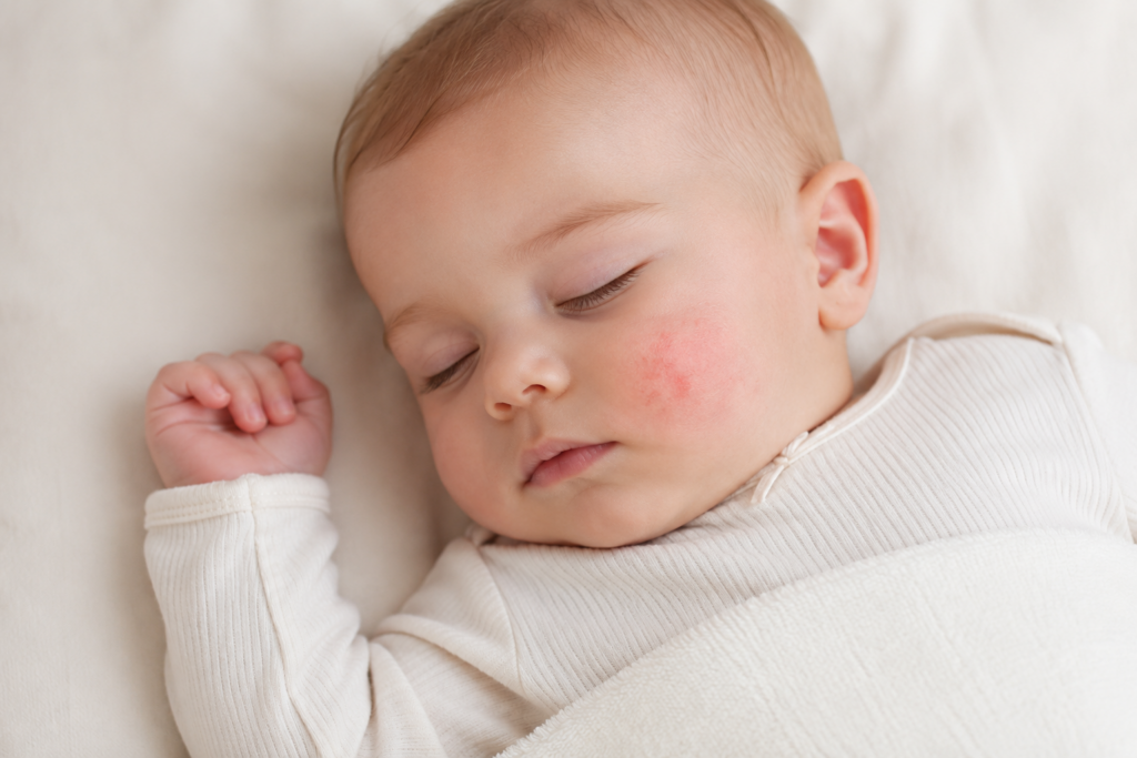 Signes APLV bébé : Bébé endormi sur un linge crème avec une légère rougeur visible sur la joue dans une ambiance douce et apaisante.