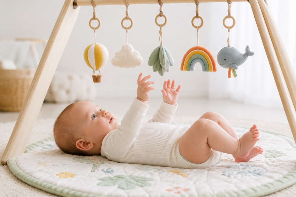 Bébé allongé sur un tapis d'éveil observant un mobile coloré suspendu dans une pièce lumineuse à la lumière naturelle.
