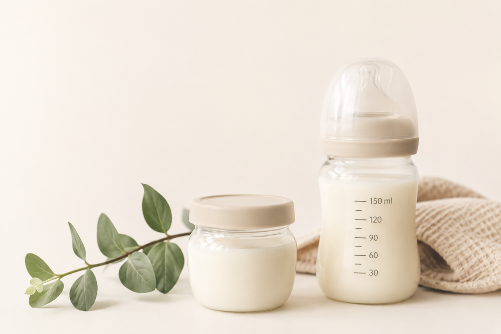 Biberon rempli de lait infantile accompagné d'un pot et d'une feuille verte sur un fond blanc cassé dans une ambiance épurée et apaisante.