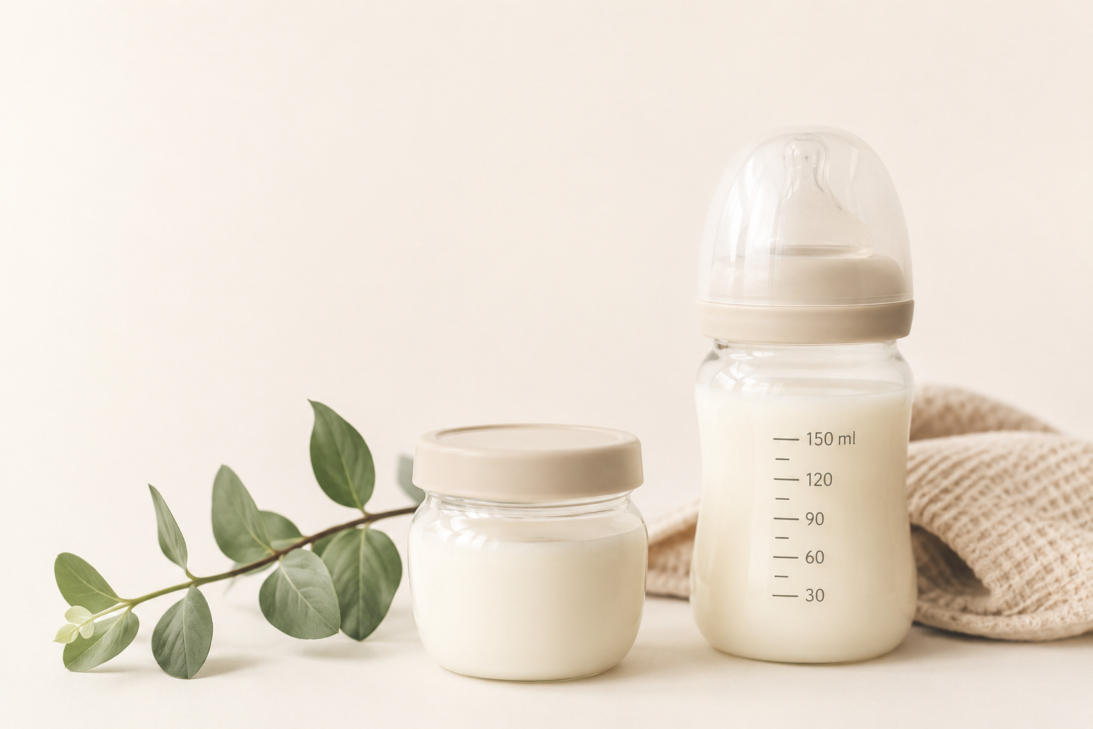 Biberon rempli de lait infantile accompagné d'un pot et d'une feuille verte sur un fond blanc cassé dans une ambiance épurée et apaisante.