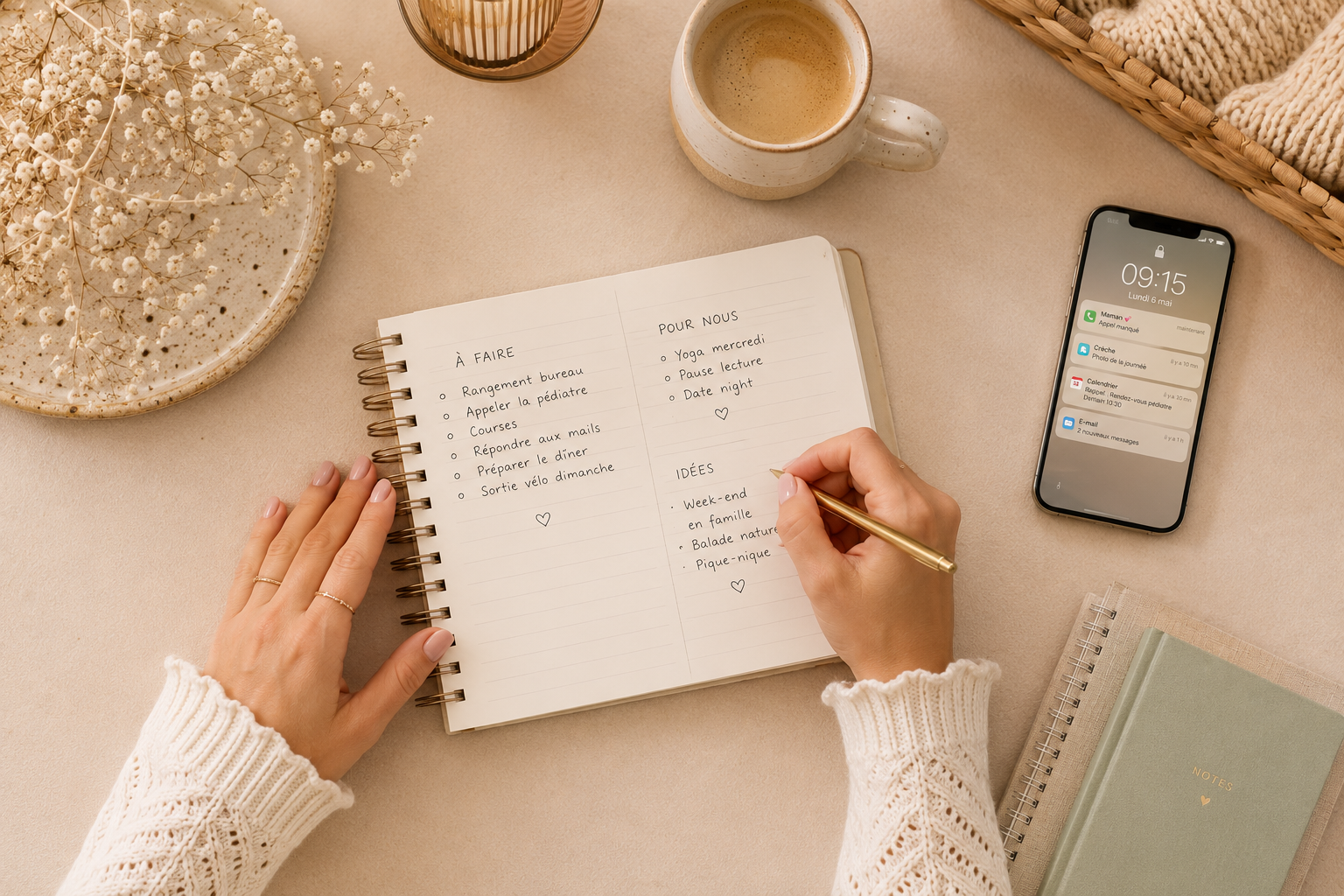 Vue de dessus des mains d'une femme écrivant dans un carnet de listes à côté d'un café et d'un téléphone affichant plusieurs notifications, sur un fond beige doux.