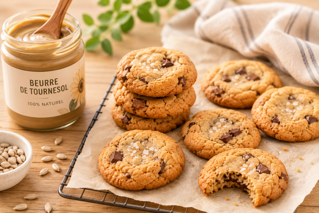 Cookies dorés au beurre de tournesol disposés sur du papier sulfurisé avec un pot de beurre de tournesol sur un fond en bois chaleureux.