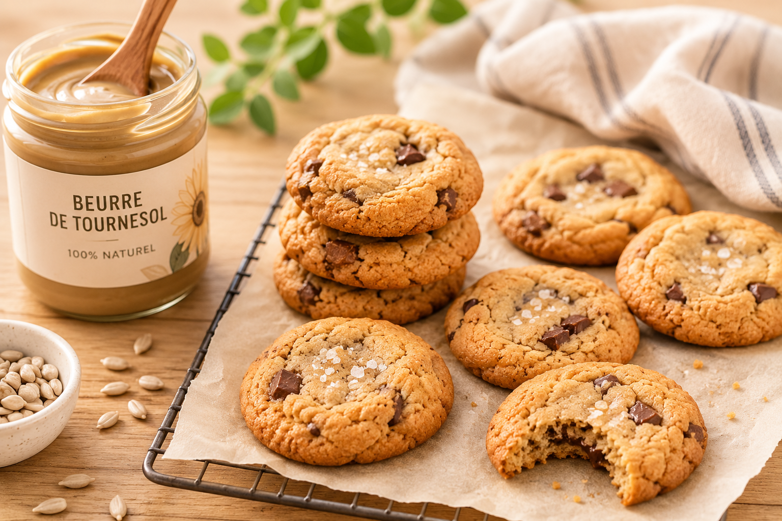 Cookies dorés au beurre de tournesol disposés sur du papier sulfurisé avec un pot de beurre de tournesol sur un fond en bois chaleureux.