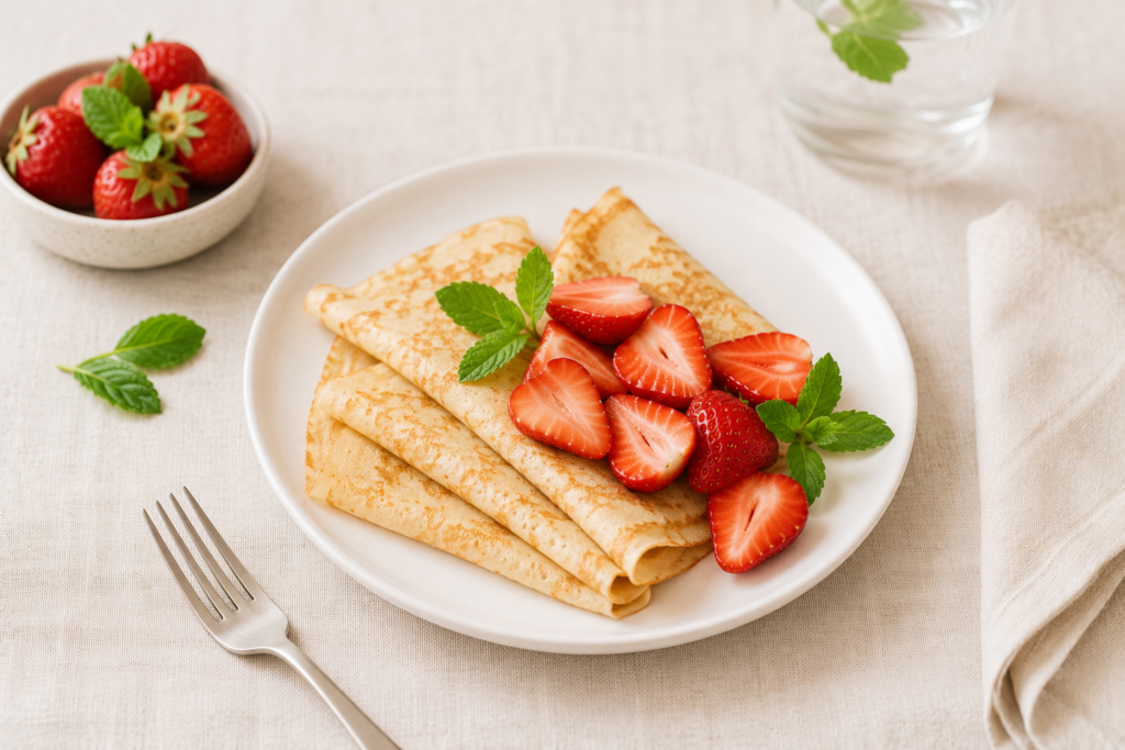 Assiette blanche garnie de crêpes sans PLV pliées accompagnées de fraises fraîches et de feuilles de menthe sur une nappe en lin clair.