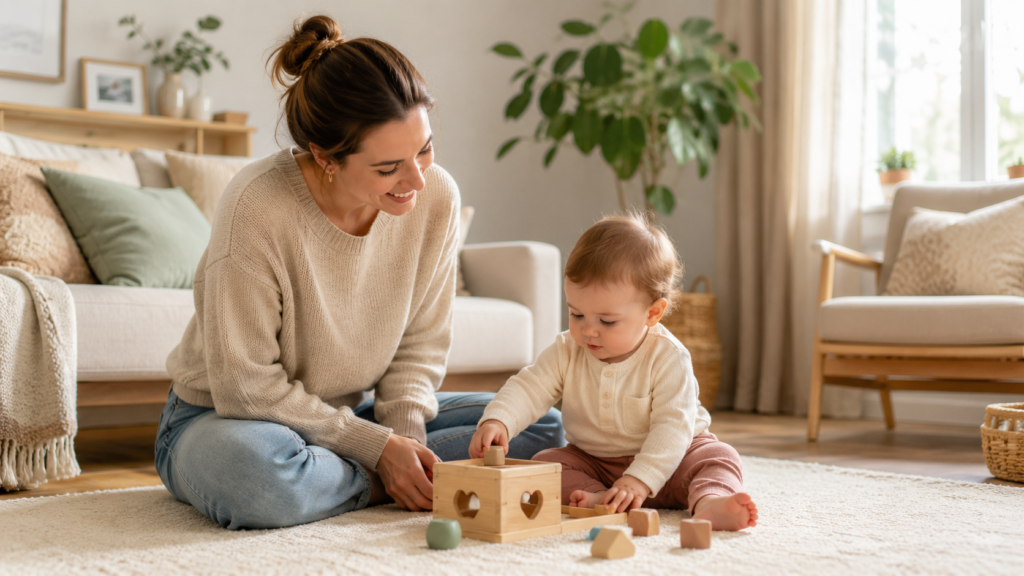 Jeune maman observant avec bienveillance son bébé assis sur un tapis dans un salon lumineux, pendant qu'il explore un jouet en bois adapté à son âge.