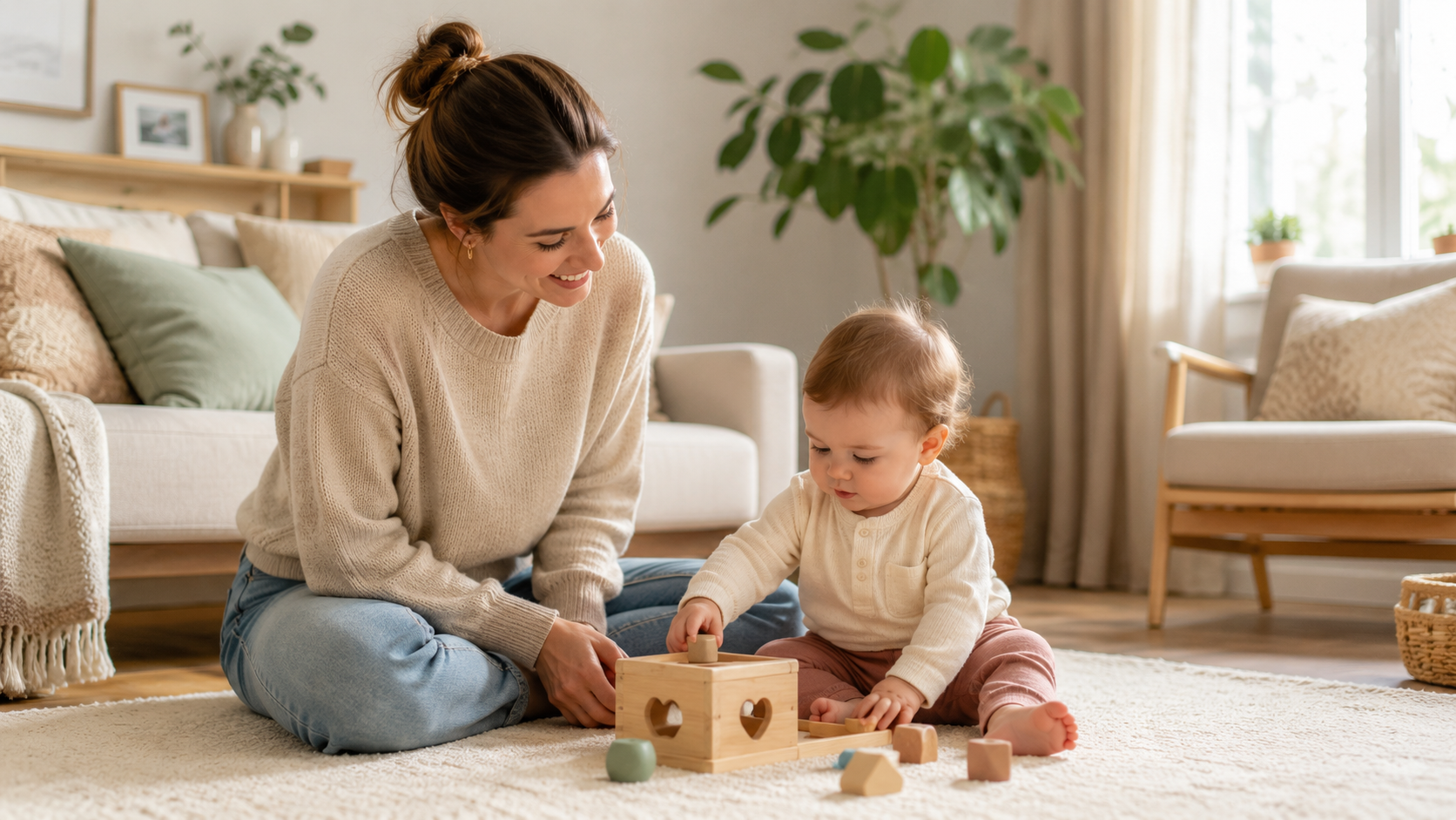 Jeune maman observant avec bienveillance son bébé assis sur un tapis dans un salon lumineux, pendant qu'il explore un jouet en bois adapté à son âge.
