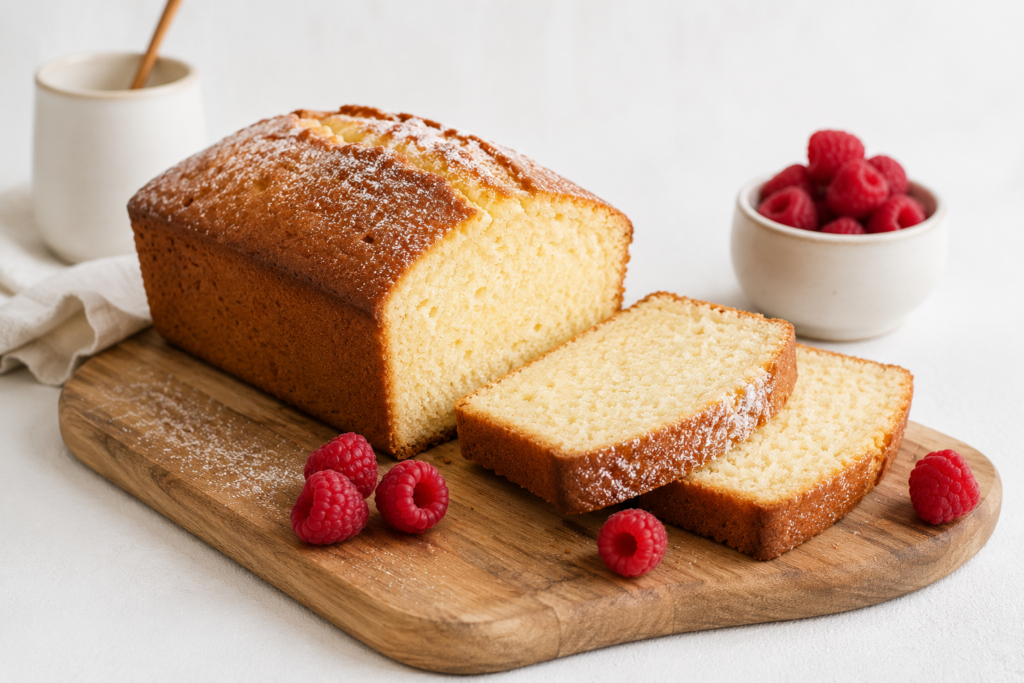 Gâteau au yaourt sans PLV tranché présenté sur une planche en bois avec quelques framboises fraîches, dans une ambiance lumineuse et épurée.