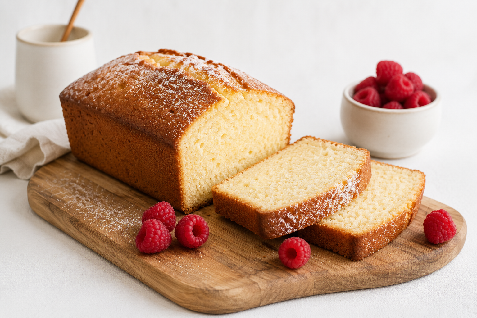 Gâteau au yaourt sans PLV tranché présenté sur une planche en bois avec quelques framboises fraîches, dans une ambiance lumineuse et épurée.