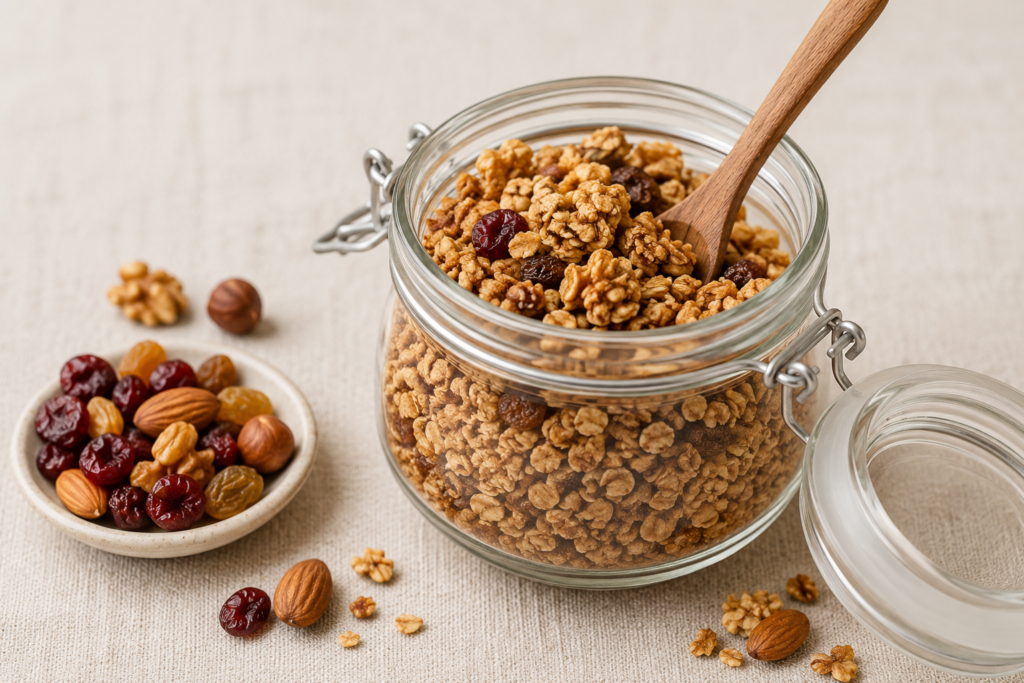 Bocal en verre rempli de granola sans soja sans fruits à coque maison croustillant avec une cuillère en bois et quelques fruits secs sur un fond en lin beige.