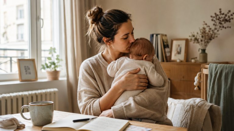 Jeune maman tenant son bébé dans ses bras dans un appartement lumineux, moment de réconfort et de connexion après des mois difficiles de post-partum.