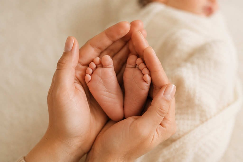 Gros plan sur les mains d'un parent tenant délicatement un nouveau-né dans une ambiance douce aux tons crème et à la lumière naturelle.