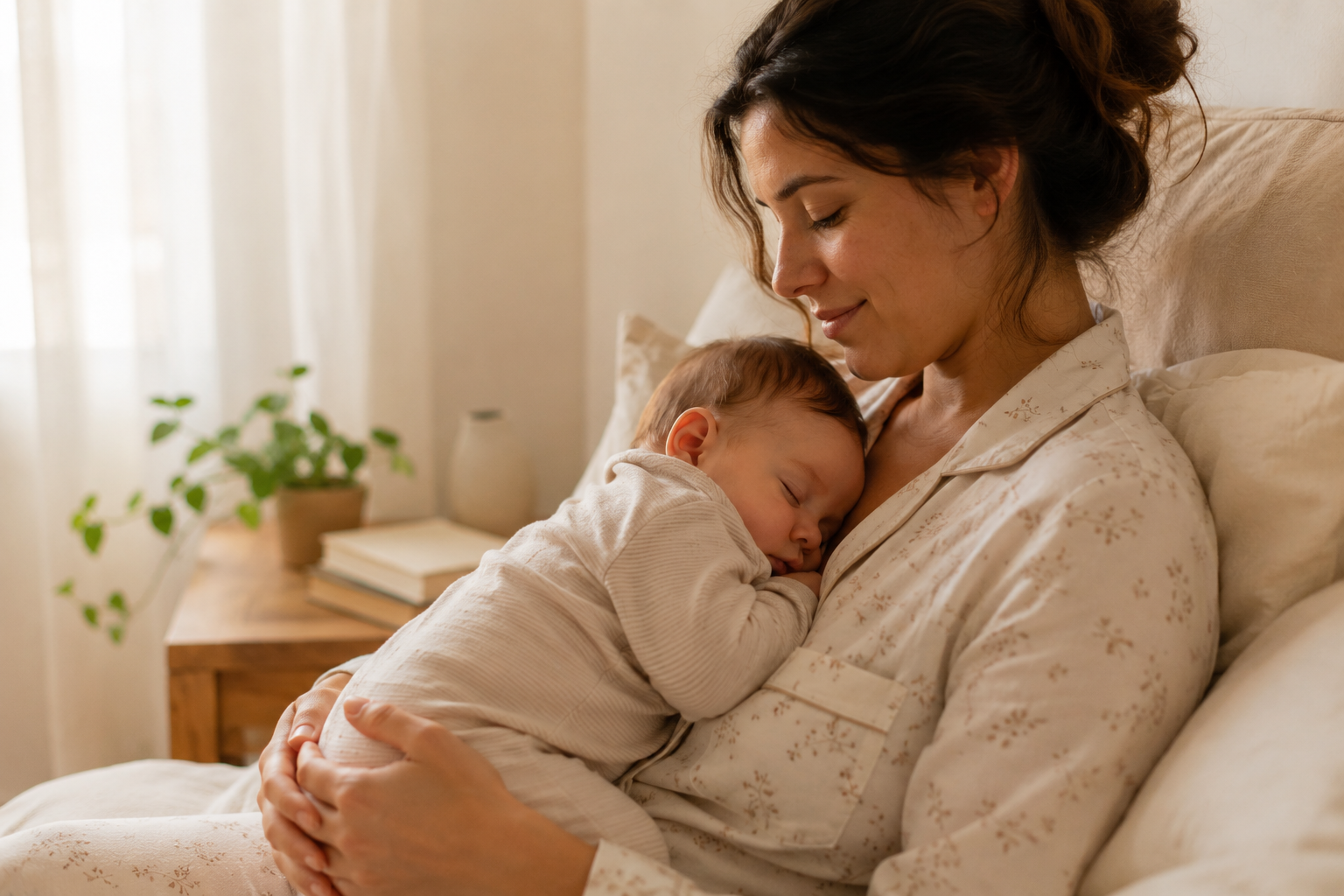 Jeune maman en pyjama tenant son bébé endormi contre sa poitrine dans une chambre lumineuse à l'ambiance douce et chaleureuse.
