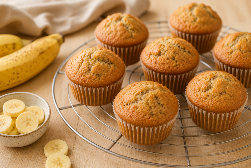 Muffins à la banane dorés disposés sur une grille de refroidissement avec des rondelles de banane sur un plan de travail en bois clair éclairé par une lumière naturelle.