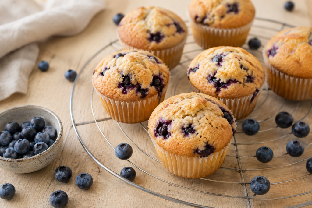 Muffins dorés aux myrtilles disposés sur une grille de refroidissement avec des myrtilles fraîches sur un plan de travail en bois clair baigné de lumière naturelle.