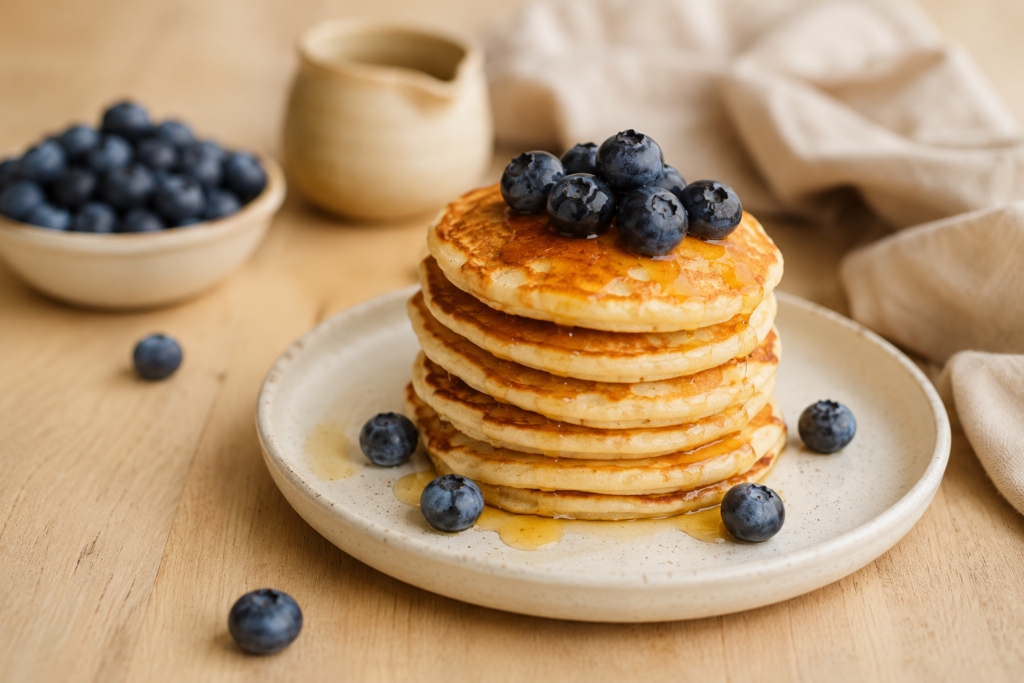Pile de pancakes sans PLV dorés garnis de myrtilles fraîches sur une assiette en céramique, posée sur une table en bois clair dans une ambiance chaleureuse et épurée.