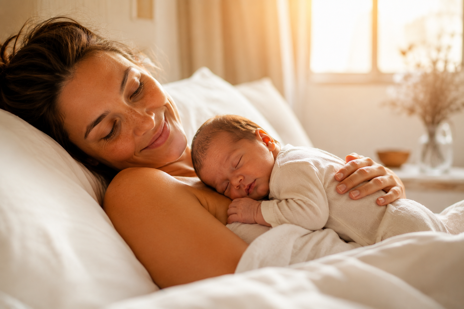 Jeune maman allongée dans un lit blanc tenant tendrement son nouveau-né contre son épaule dans une lumière dorée naturelle.