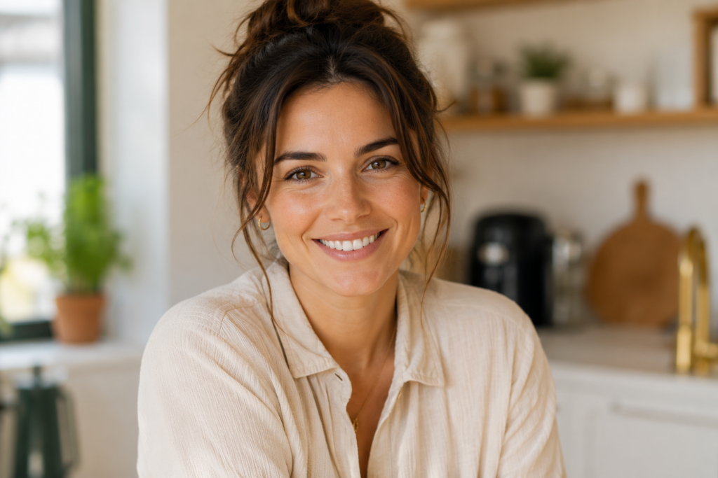 Portrait d'une femme souriante éclairée par une lumière naturelle douce, avec une cuisine chaleureuse floue en arrière-plan.