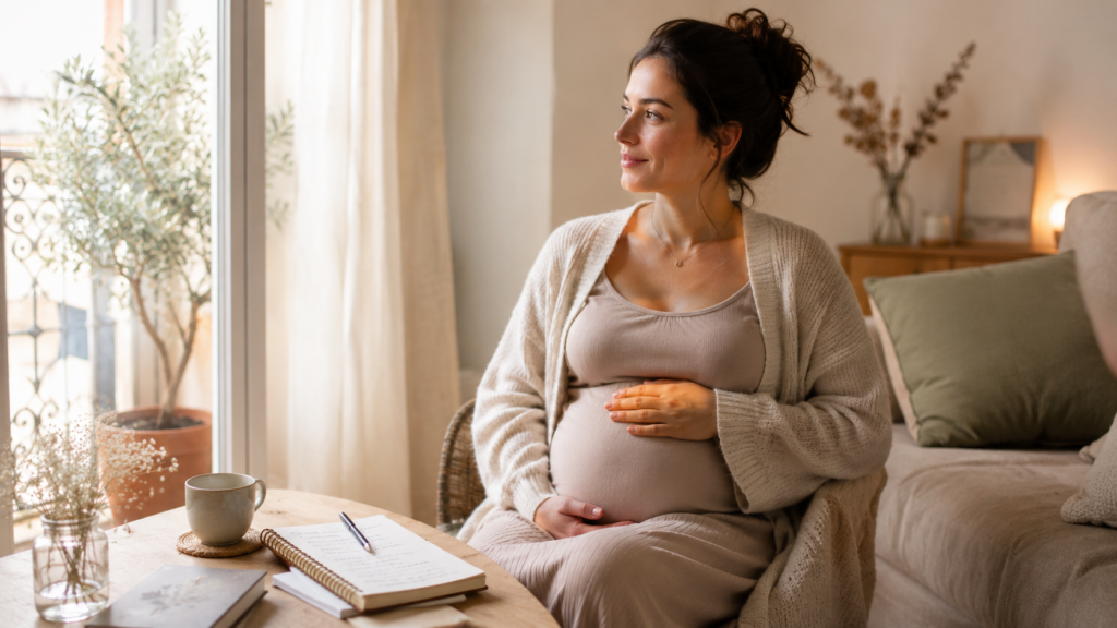 Femme enceinte assise près d'une fenêtre dans un salon lumineux, une main posée sur son ventre, avec un carnet de préparation à la naissance sur une table.