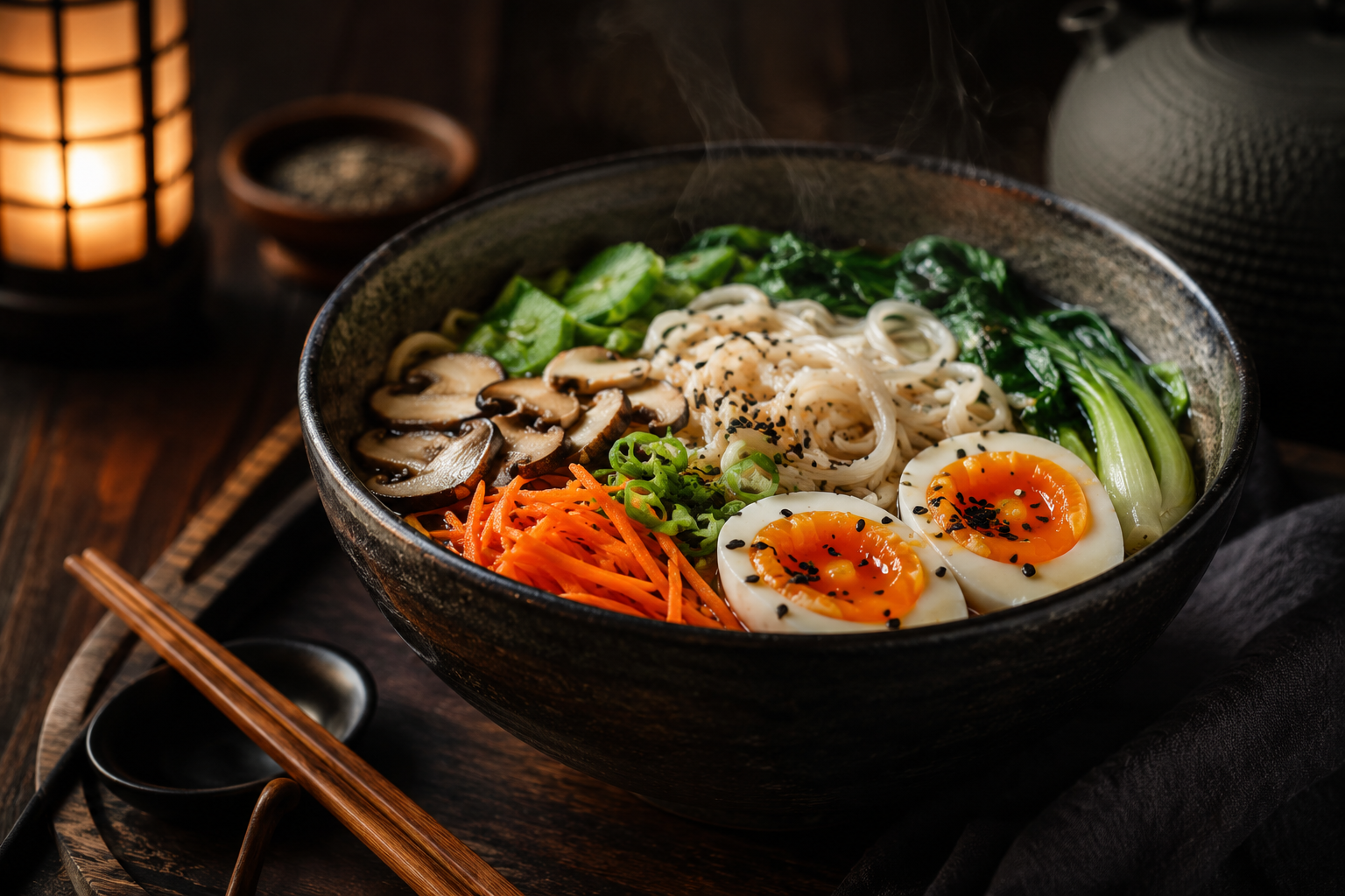 Bol de ramen fumant garni de nouilles de riz, légumes frais et œuf mollet servi sur une table en bois sombre dans une ambiance japonaise chaleureuse.