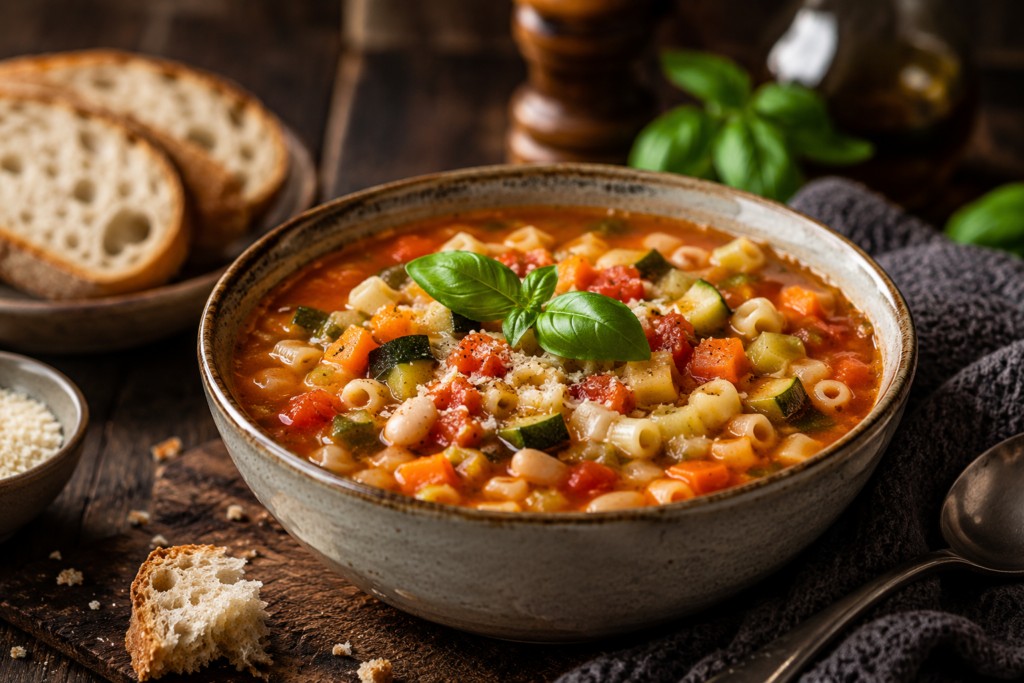 Bol de soupe minestrone fumante avec légumes colorés, petites pâtes et feuilles de basilic frais sur une table en bois foncé dans une ambiance hivernale chaleureuse.