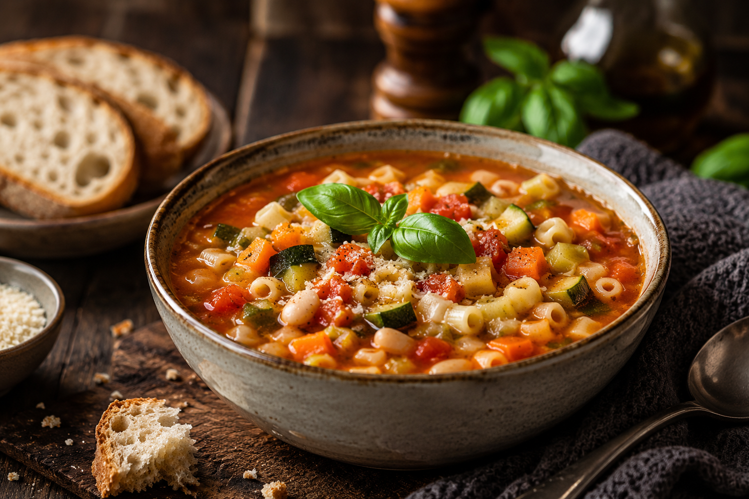 Bol de soupe minestrone fumante avec légumes colorés, petites pâtes et feuilles de basilic frais sur une table en bois foncé dans une ambiance hivernale chaleureuse.