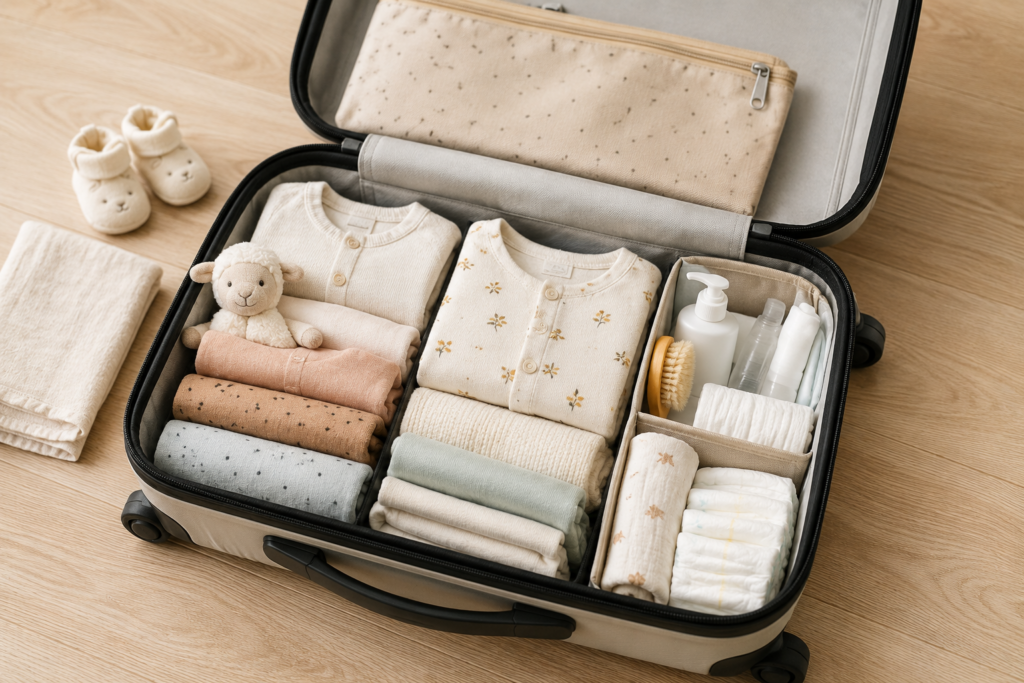 Valise maternité bébé ouverte soigneusement organisée contenant des vêtements de bébé pliés, des produits de toilette et des couches sur un parquet en bois clair.