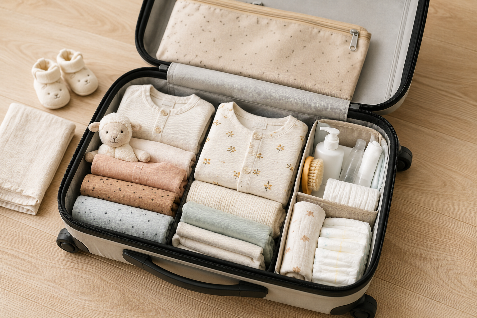 Valise maternité bébé ouverte soigneusement organisée contenant des vêtements de bébé pliés, des produits de toilette et des couches sur un parquet en bois clair.