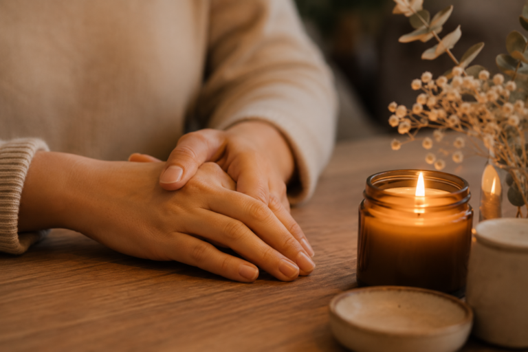 Mains d'une femme posées sur une table près d'une bougie allumée, symbole de recueillement et d'accompagnement après une fausse couche.