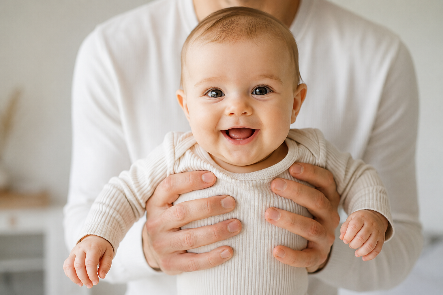 Bébé souriant regardant l'objectif, tenu délicatement sous les bras par un parent dans une pièce lumineuse aux tons neutres.