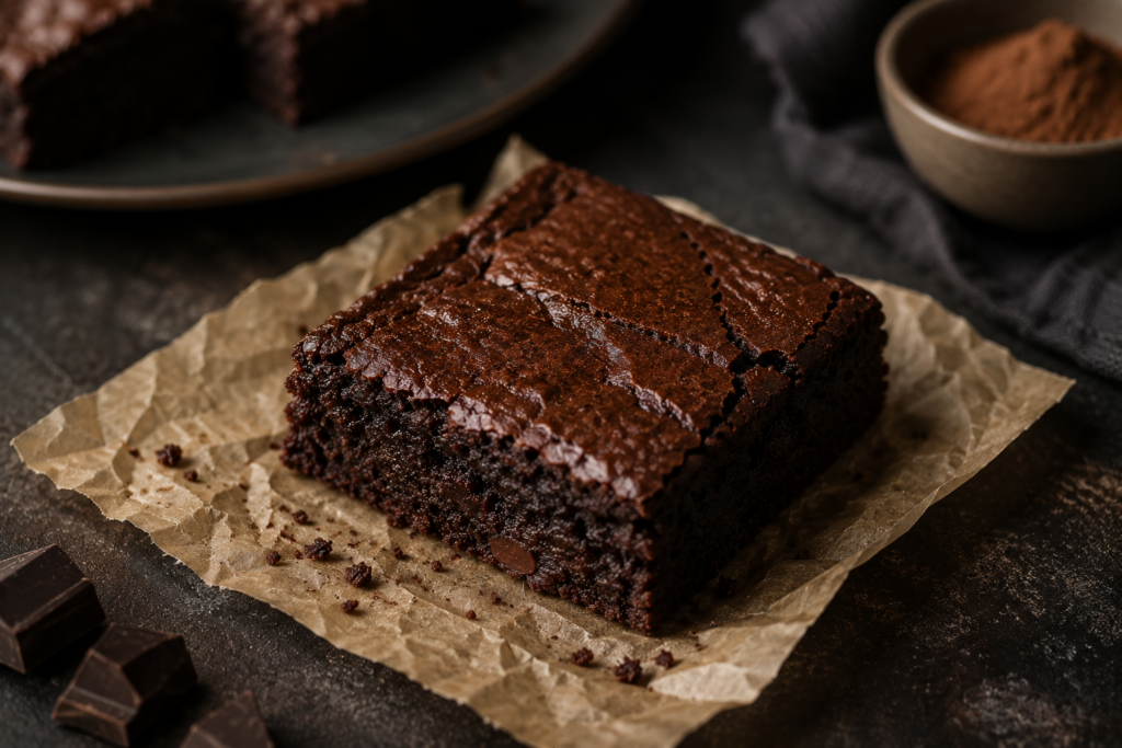 Carré de brownie sans arachide sans fruits à coque, fondant au chocolat, présenté sur du papier cuisson dans une ambiance chaleureuse sur une table en bois foncé.