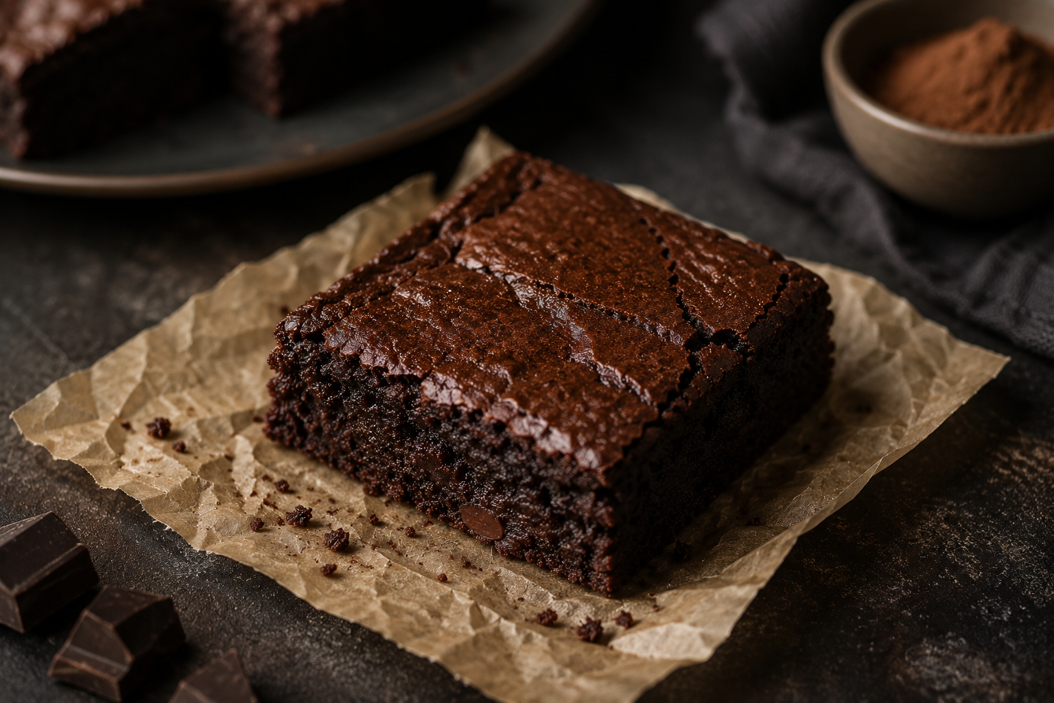 Carré de brownie sans arachide sans fruits à coque, fondant au chocolat, présenté sur du papier cuisson dans une ambiance chaleureuse sur une table en bois foncé.