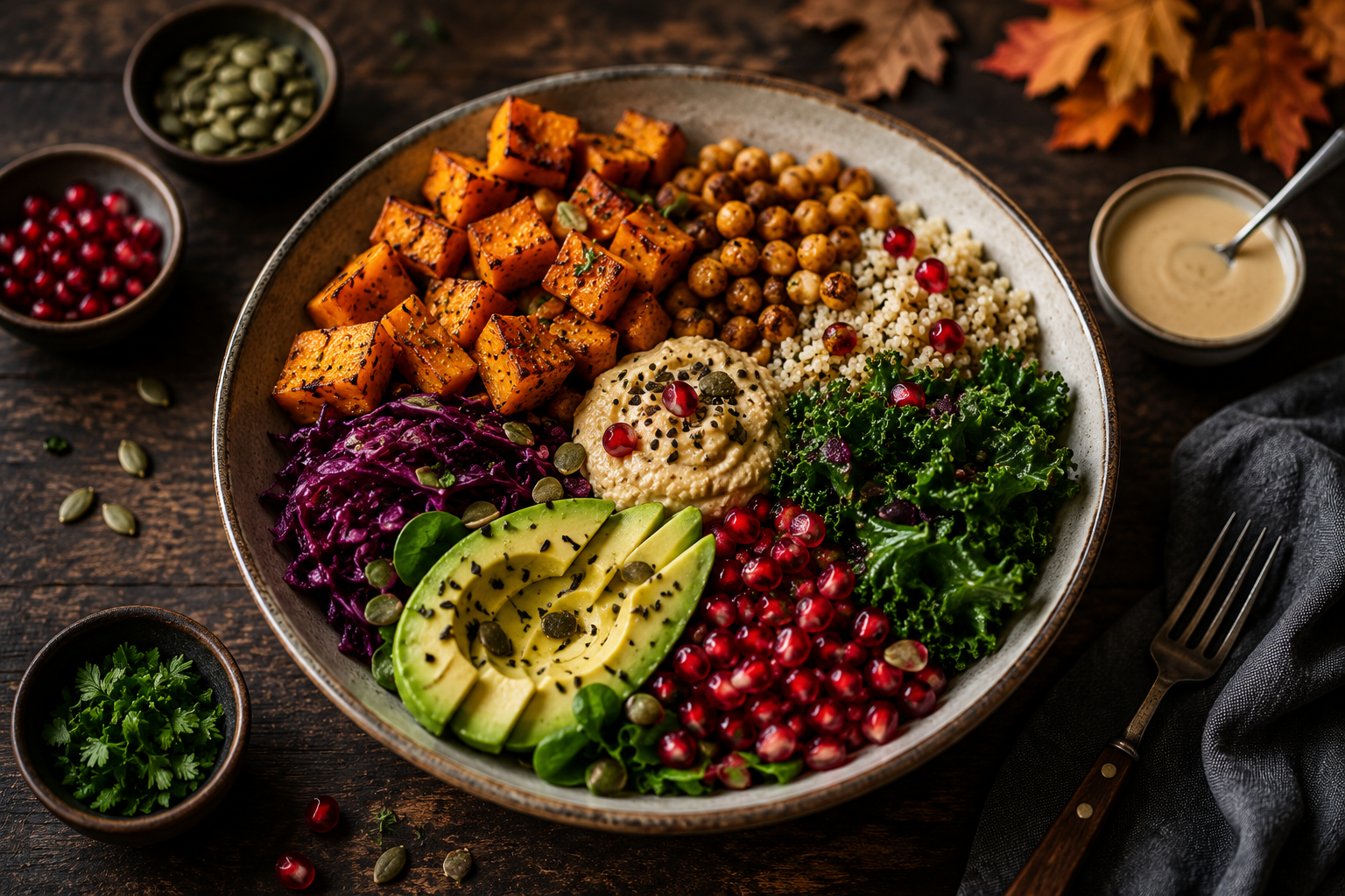Buddha bowl d'automne sans arachide composé de courge rôtie, pois chiches, grenade et légumes de saison, présenté sur un fond en bois foncé.