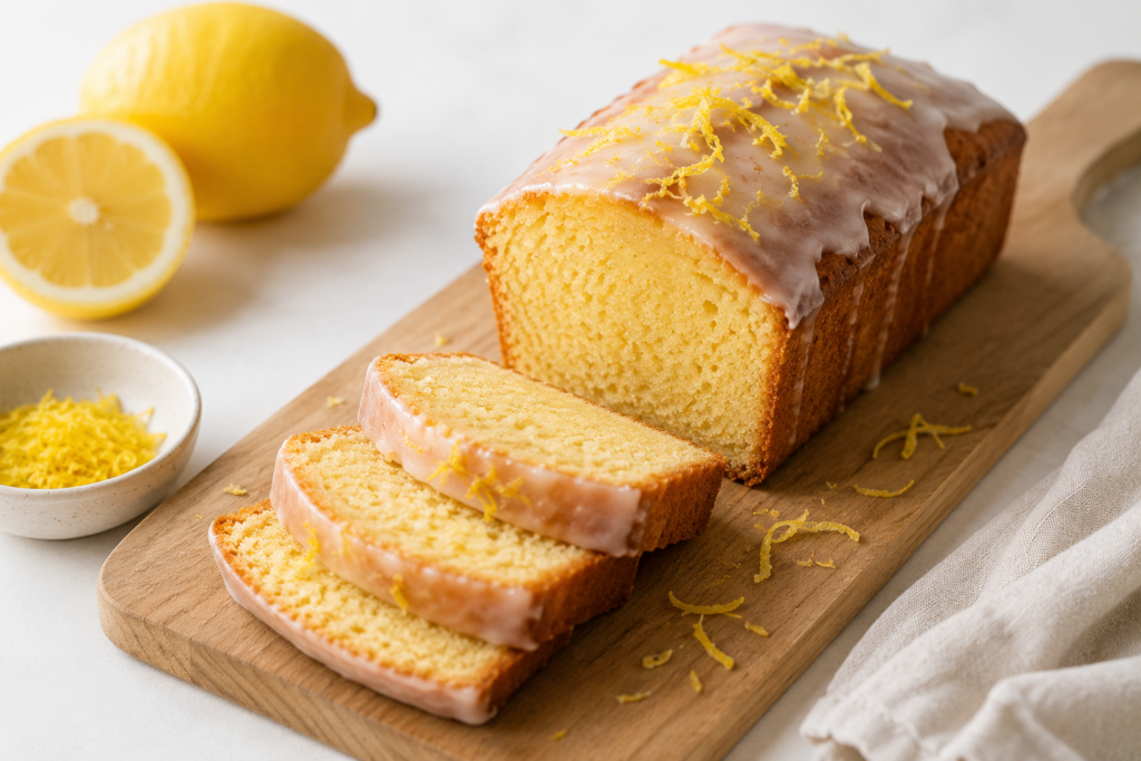Cake citron sans gluten tranché sur une planche en bois, décoré de zestes de citron frais, dans une ambiance lumineuse et épurée.