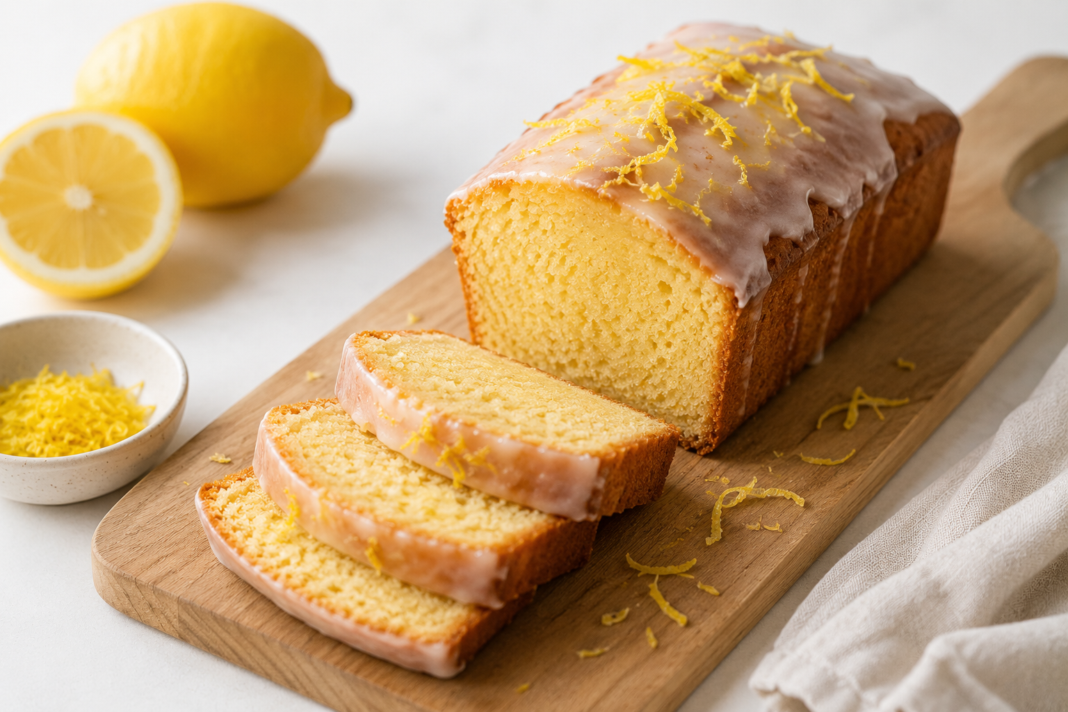 Cake citron sans gluten tranché sur une planche en bois, décoré de zestes de citron frais, dans une ambiance lumineuse et épurée.