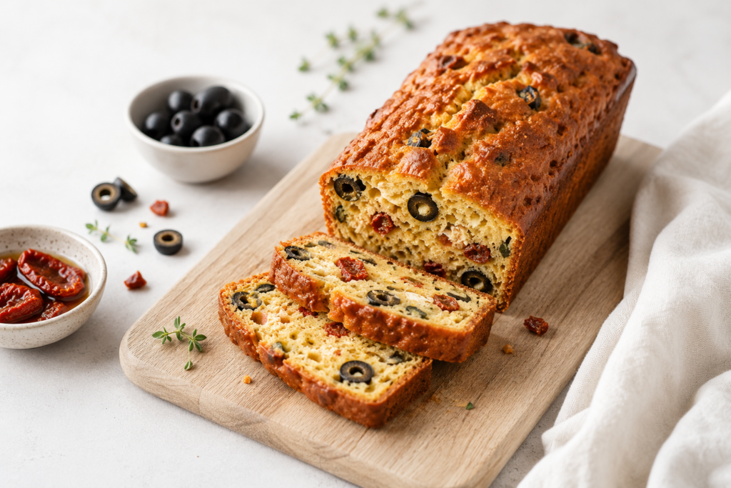 Cake salé sans PLV tranché sur une planche en bois avec des olives et des tomates séchées, présenté dans un style food épuré.