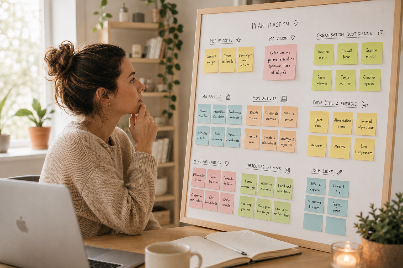 Jeune maman devant un tableau blanc rempli de post-it colorés liés à la vie de famille, au travail, aux repas, aux rendez-vous et à l'organisation du quotidien, dans un bureau à la maison.