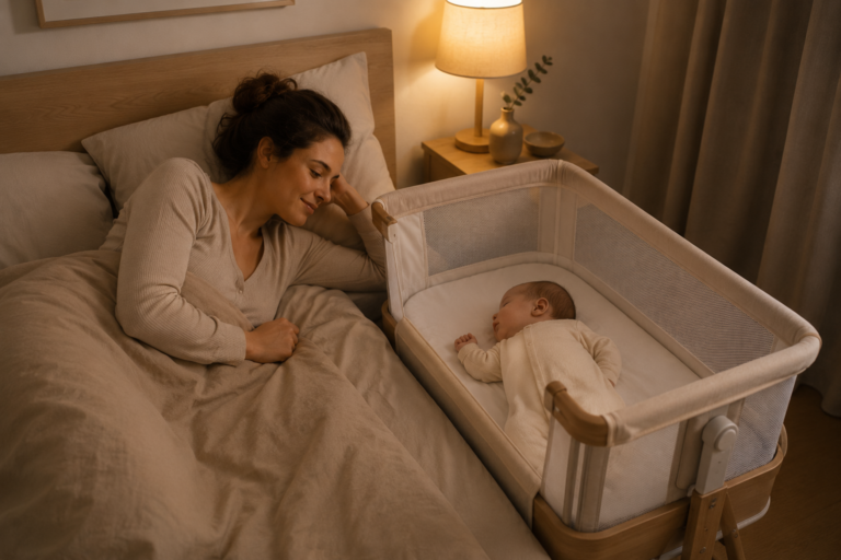 Maman allongée près de son bébé sur un lit, échangeant un regard tendre dans une ambiance de nuit, illustrant le cododo avec bébé.