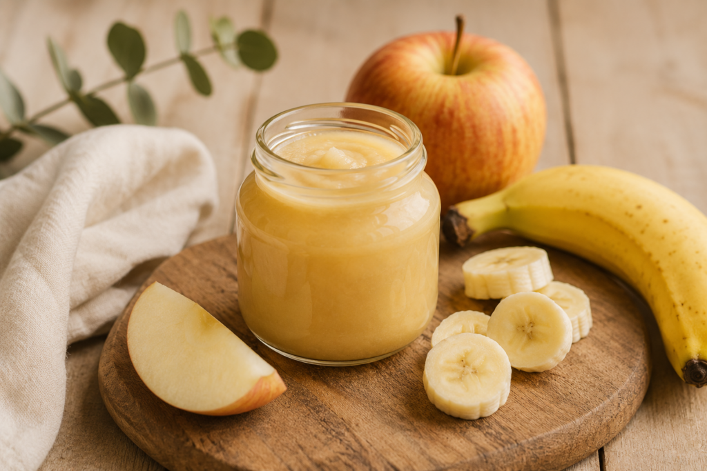 Petit bocal de compote pomme-banane maison accompagné d'une pomme et d'une banane fraîches sur un fond en bois clair.