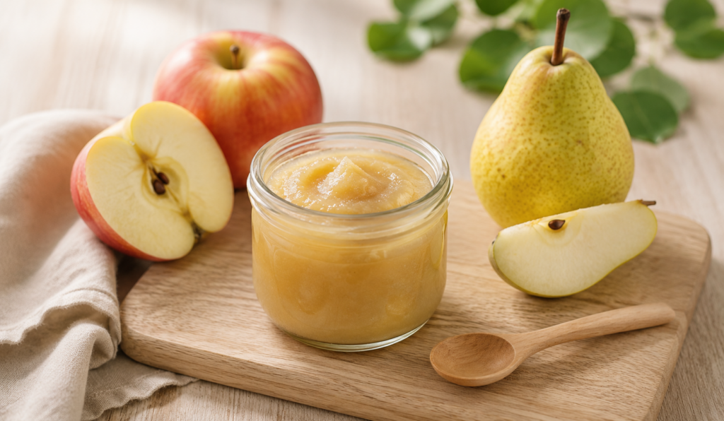 Petit bocal de compote pomme poire pour bébé accompagné d'une pomme et d'une poire fraîches sur un fond en bois clair.
