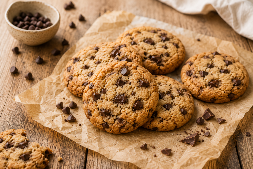 Cookies sans PLV dorés aux pépites de chocolat, présentés sur du papier sulfurisé avec quelques pépites de chocolat sur une table en bois.