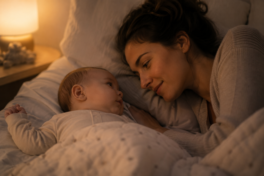 Maman allongée dans le lit familial avec son bébé à ses côtés, illustrant le cosleeping avec bébé dans une ambiance douce et apaisante.