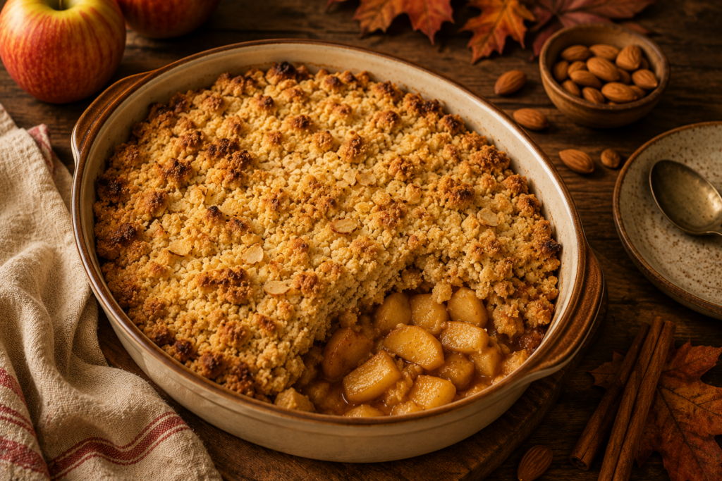 Crumble aux pommes sans gluten doré dans un plat en céramique, servi dans une ambiance automnale chaleureuse.