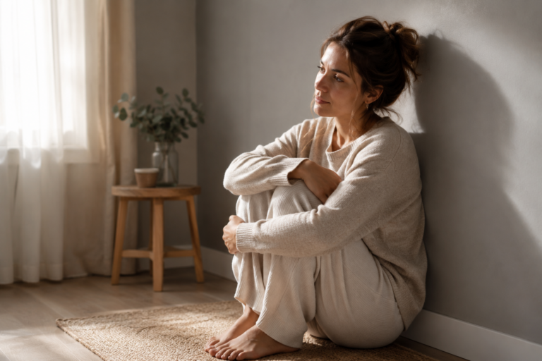 Jeune maman assise au sol, dos contre un mur, les genoux ramenés contre elle, le regard pensif, illustrant la culpabilité maternelle.
